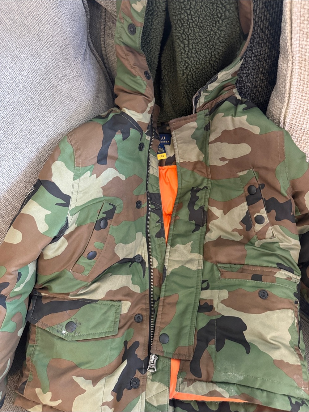 Ralph Lauren Kids Camo Hooded Winter Jacket with Orange Lining